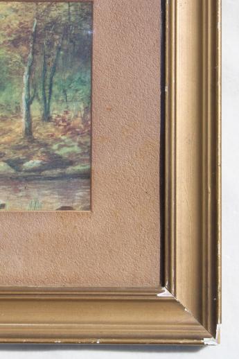 antique pastel landscape, miniature seascape painting in original old wood frame