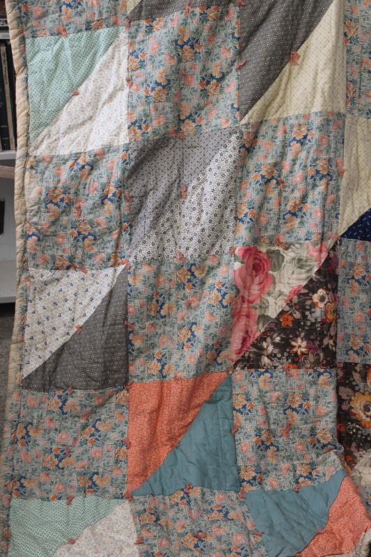 antique patchwork tied quilt, early 1900s vintage cotton fabrics comforter bedspread