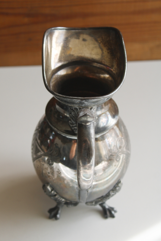 antique paw foot pitcher, Victorian aesthetic vintage silver plate Redfield Rice New York