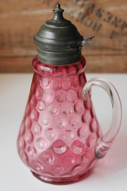 antique pewter cranberry glass syrup pitcher, thumbprint pattern blown glass EAPG vintage