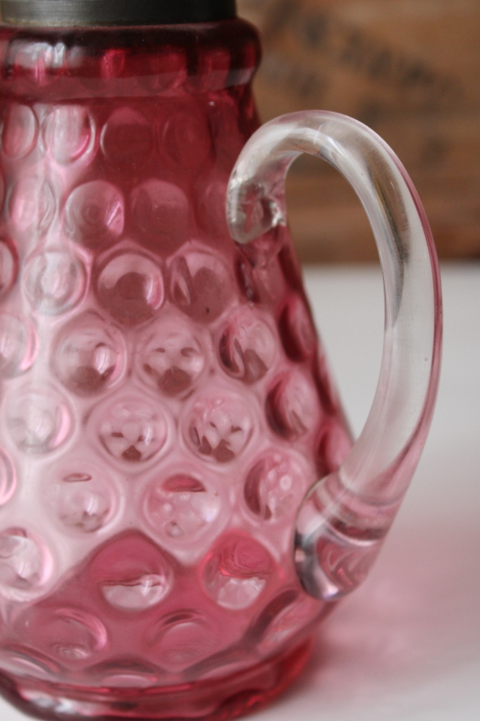 antique pewter cranberry glass syrup pitcher, thumbprint pattern blown glass EAPG vintage