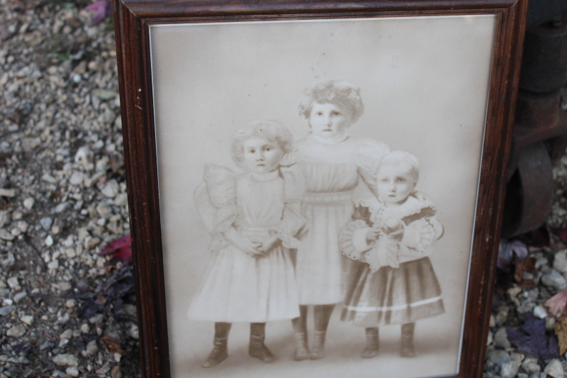 antique photo Victorian era children, girls  baby boy sepia tone vintage framed print