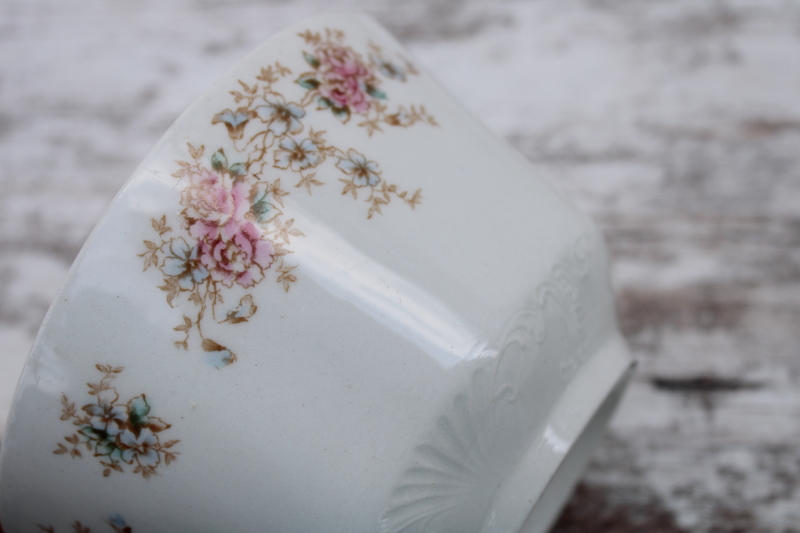 antique pink blue teal brown floral Warwick china cranberry bowl, early 1900s vintage