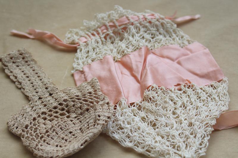 antique pink silk & lace girls bonnet, purse, basket bag, flowered ribbon sewing kit