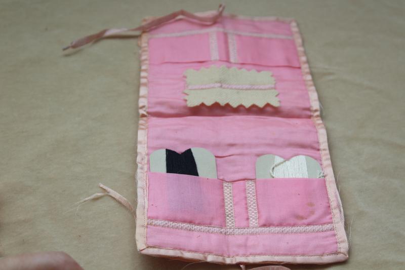 antique pink silk & lace girls bonnet, purse, basket bag, flowered ribbon sewing kit