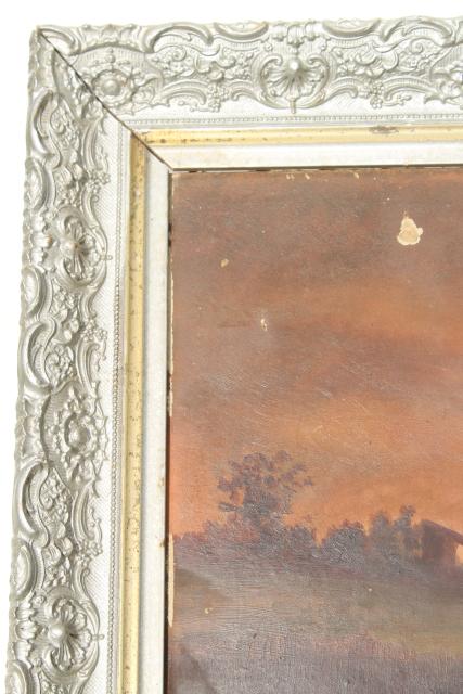 antique plank back original painting, sunset landscape in ornate gesso picture frame