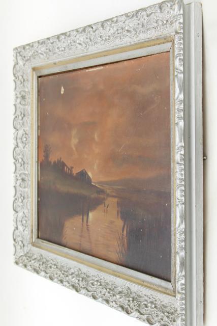 antique plank back original painting, sunset landscape in ornate gesso picture frame