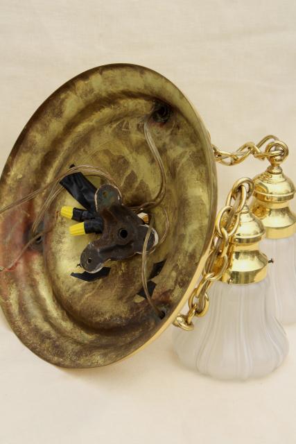 antique polished brass pendant shower light w/ glass lamp shades, vintage lighting fixture