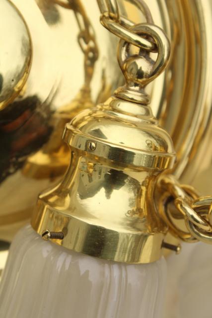 antique polished brass pendant shower light w/ glass lamp shades, vintage lighting fixture