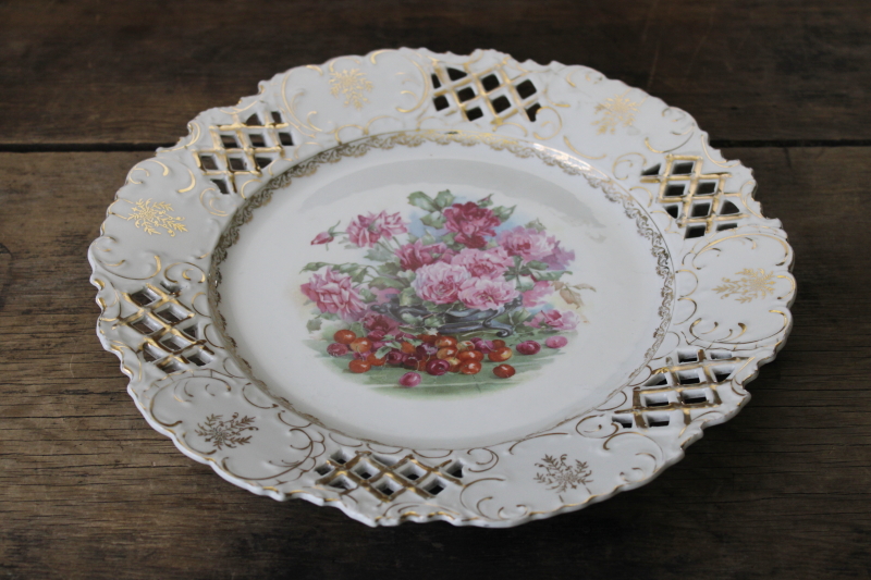 antique porcelain plate w/ cherries and roses, large charger pierced border reticulated china