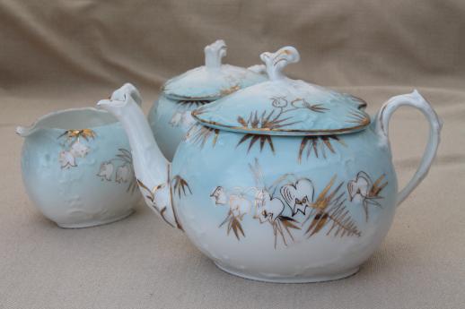 antique porcelain tea set, hand painted snowdrops heart shape china teapot, cream & sugar