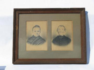 antique post Civil War era portrait photos, lady & gent w/ red whiskers, vintage wood frame