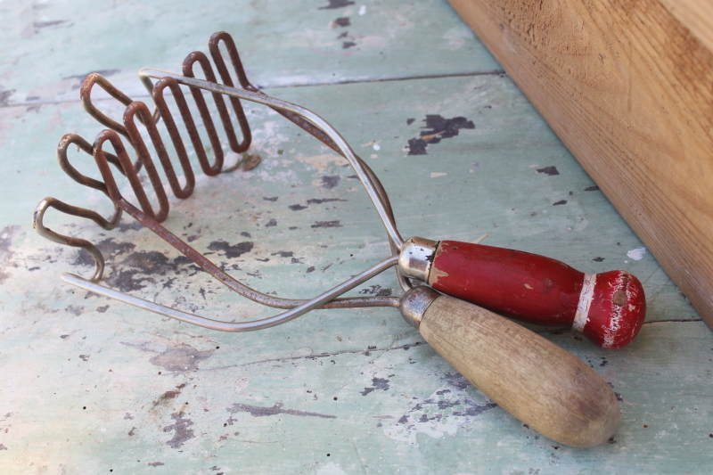 antique potato mashers, 1920s 30s vintage kitchen utensils w/ wood handles