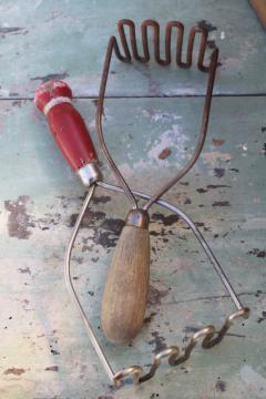 antique potato mashers, 1920s 30s vintage kitchen utensils w/ wood handles