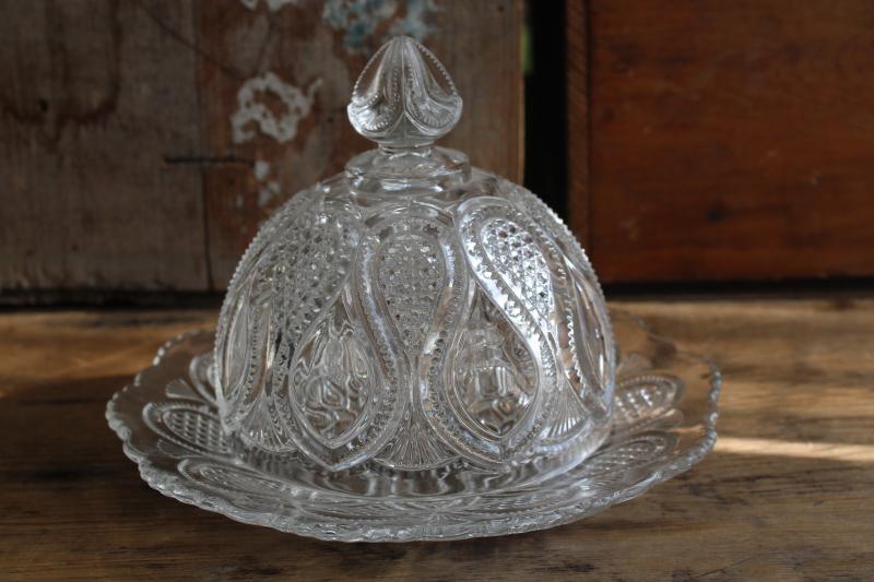 antique pressed glass butter dish, round plate w/ dome cover New Jersey pattern EAPG