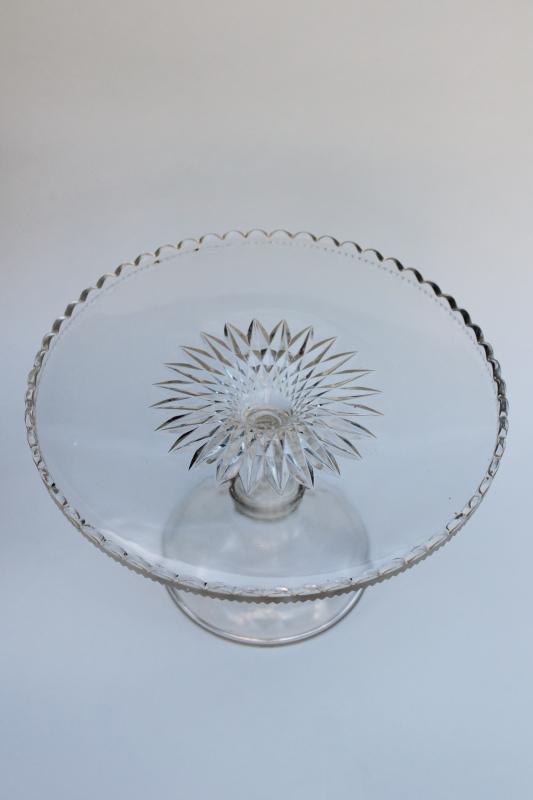 antique pressed glass cake stand, scalloped edge salver, bakery display pedestal plate