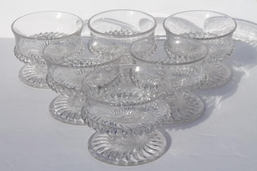 antique pressed glass dessert dishes, jersey swirl pattern footed sherbet glasses
