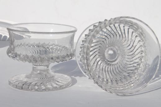 antique pressed glass dessert dishes, jersey swirl pattern footed sherbet glasses