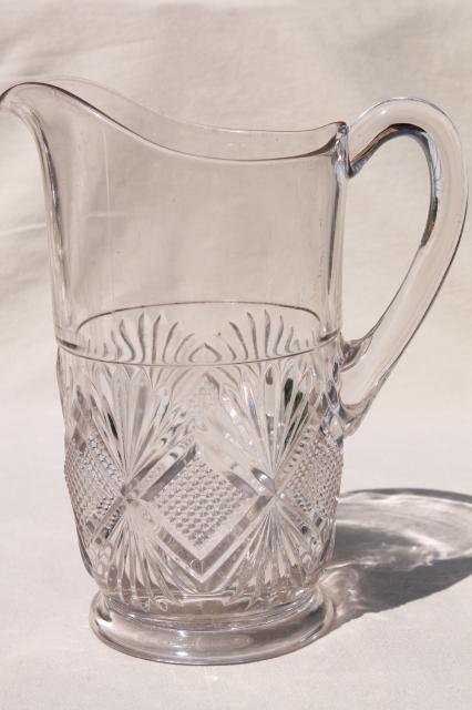 antique pressed glass lemonade pitcher, EAPG diamond & sunburst, waffle block & fan