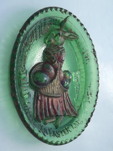 antique pressed glass plate w/ original paint, Easter bunny w/ egg basket