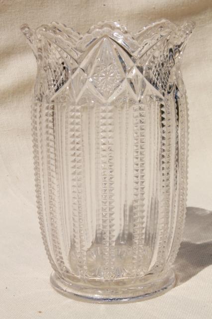 antique pressed glass spooner vase full of old silver flatware, vintage silverware lot