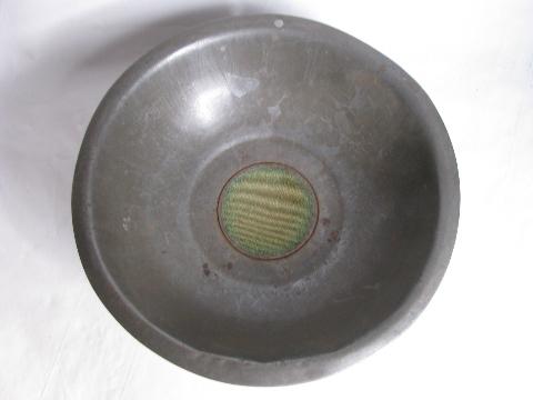 antique primitive tinned steel strainer bowl, old brass sieve, 1920s vintage sifter
