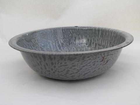 antique primitive vintage grey mottle graniteware enamel bowl & laundry pan