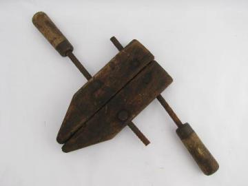 antique primitive woodworking tool, old wood block clamp