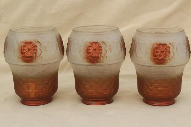 antique puffy glass shades basketweave flowers pressed glass, painted copper luster