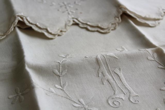 antique pure linen pillowcases w/ whitework embroidery, huge lovely monogram G