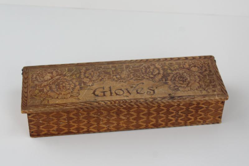 antique pyrography box for gloves, early 1900s vintage wood burned design