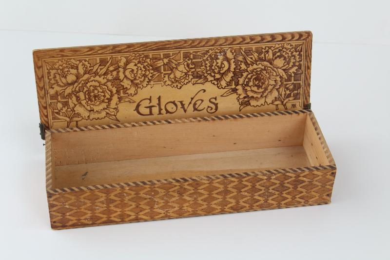 antique pyrography box for gloves, early 1900s vintage wood burned design