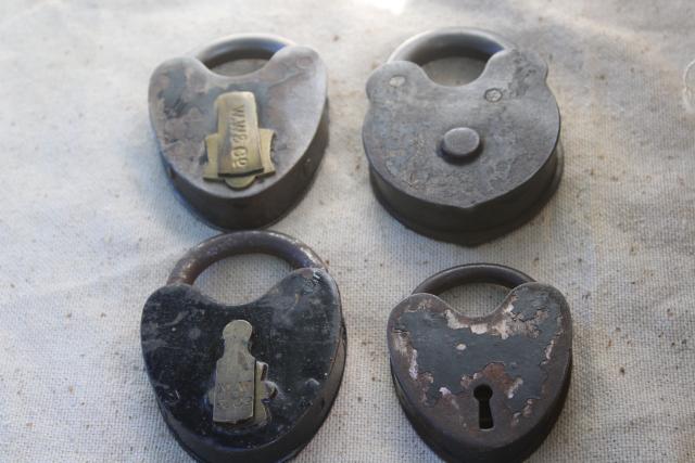 antique railroad locks, iron padlocks w/ brass lock cover, primitive heart shape