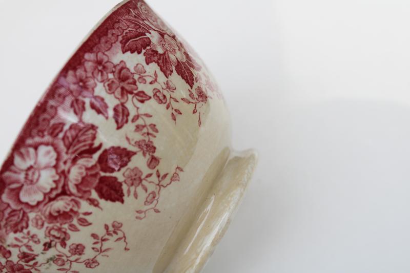 antique red pink transferware china footed cafe au lait bowl w/ Belgian French backstamp