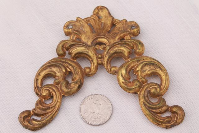 antique repousse brass crown molding corner, ornate gold metal ormulu decoration