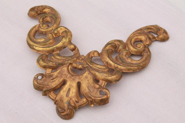 antique repousse brass crown molding corner, ornate gold metal ormulu decoration