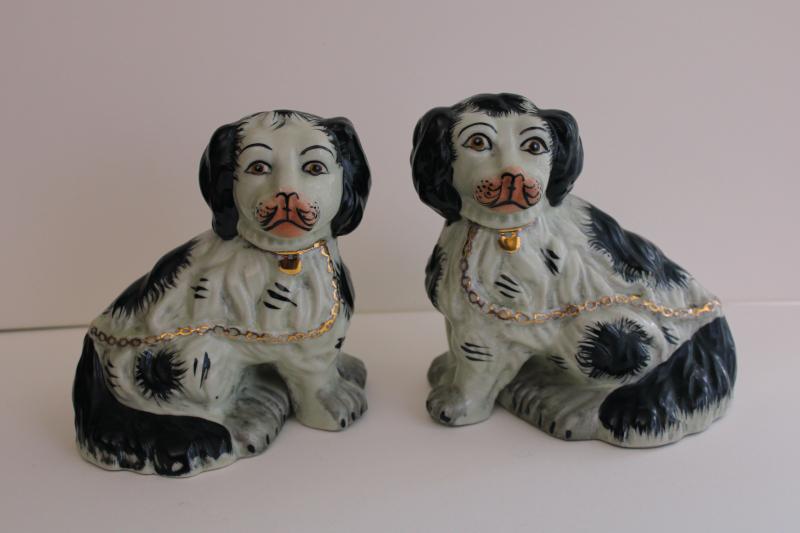 antique reproduction Staffordshire china spaniels, pair black & white dog f