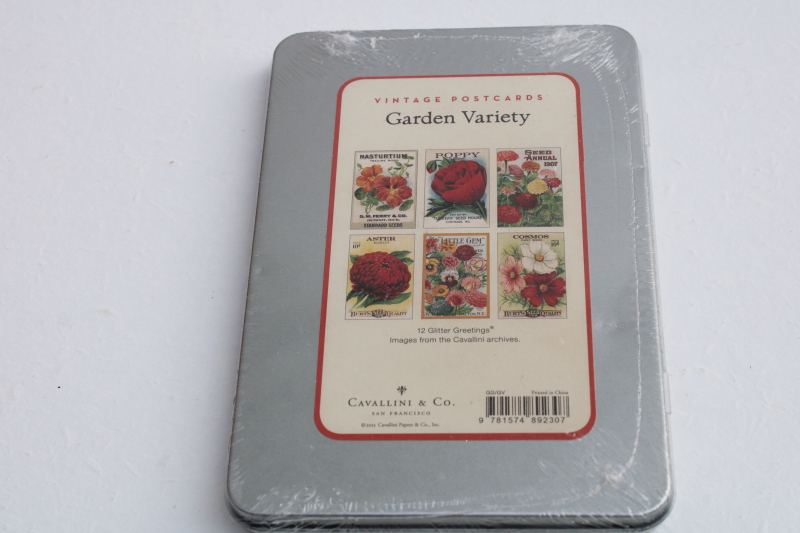 antique reproduction garden seed packet prints glitter floral postcards set never used vintage tin
