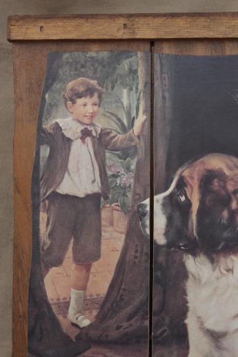 antique reproduction print girl & St. Bernard dog, plank back picture on wood boards