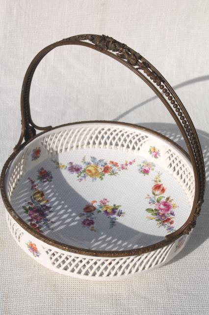 antique reticulated china brides basket bowl, Dresden porcelain style Royal Vienna Austria