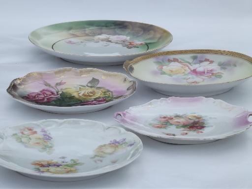 antique roses china plates, early 1900s vintage hand-painted porcelain 