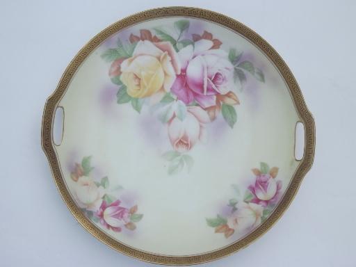 antique roses china plates, early 1900s vintage hand-painted porcelain 