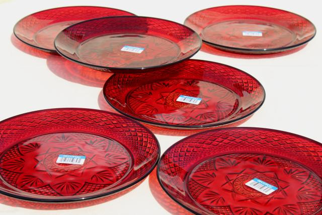 antique ruby red pattern Cristal d'Arques Arcoroc dinner plates set of six