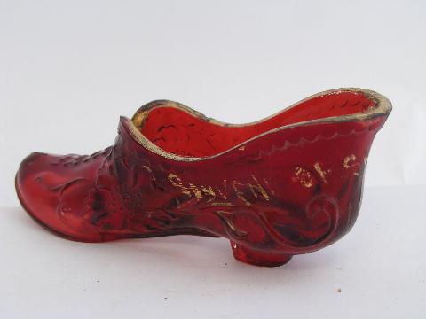 antique ruby stain pressed glass shoe, early 1900s souvenir