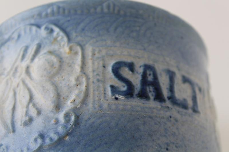 antique salt glaze stoneware pottery crock jar, salt pig wall mount box w/ wood lid