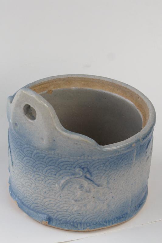 antique salt glaze stoneware pottery crock jar, salt pig wall mount box w/ wood lid