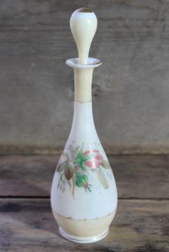 antique satin glass perfume bottle, tall bottle w/ stopper, painted roses with milk glass