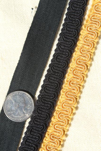 antique sewing millinery trim, big spools of black & gold braid, cotton twill tape