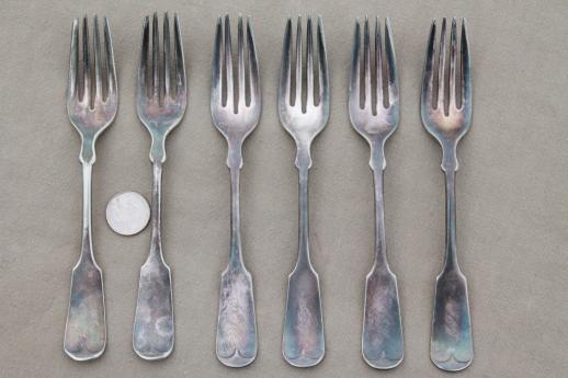 antique silver forks w/ script monogram, heavy antique hotel silver plate Reed & Barton