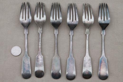 antique silver forks w/ script monogram, heavy antique hotel silver plate Reed & Barton